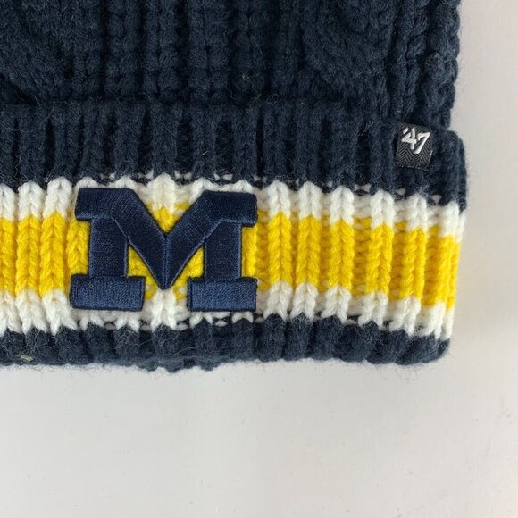 Michigan Wolverines NCAA Womens Navy Blue Gold 47 Brand Knit Pom Beanie - Picture 2 of 4